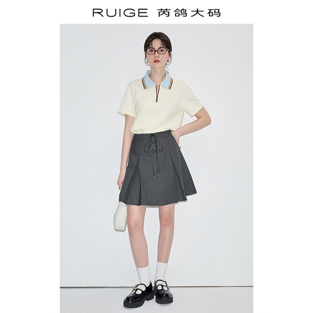 Rui Ge ຂະຫນາດໃຫຍ່ຂະຫນາດໃຫຍ່ British College Style Skirt ຂອງແມ່ຍິງ 2024 Summer ໃຫມ່ຂອງແມ່ຍິງ pleated Skirt ສັ້ນແອວສູງ Skirt A-Line