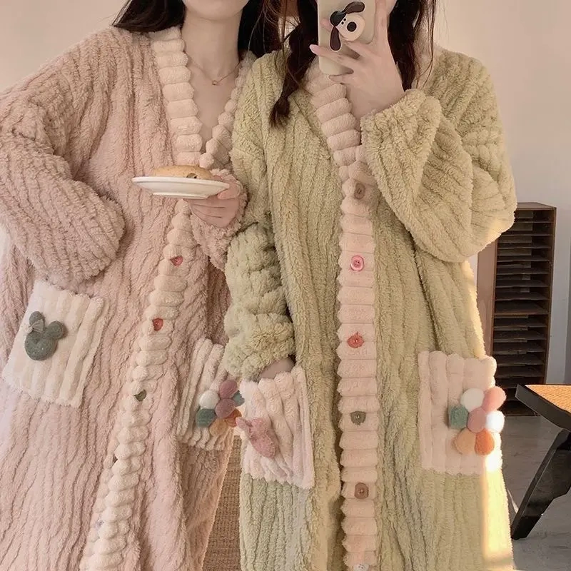 Rainbow Nightgown for Women, Winter Style, Coral Velvet, Loose, Warm, Thickened, Long Nightgown, Sweet Cardigan, Home Wear