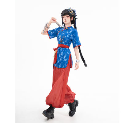 Cha Yi Shi Yue original Hanfu Chinese girl cosplay costume, Little Chef girl stand-up collar cheongsam, Little Fairy Girl martial arts style lantern pants