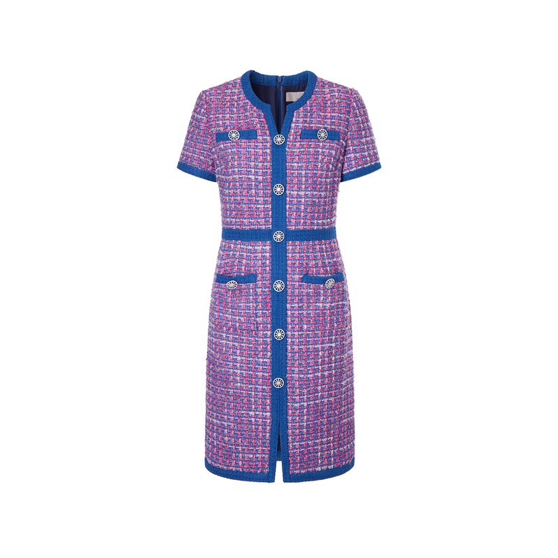 [Ole Official] Moiselle Women's Fashion V-Neck Waist-Cinching Contrast Color Tweed Dress
