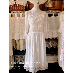 Isshabe's new retro French romantic pure cotton wave point hollow embroidery lace long apron home uniform