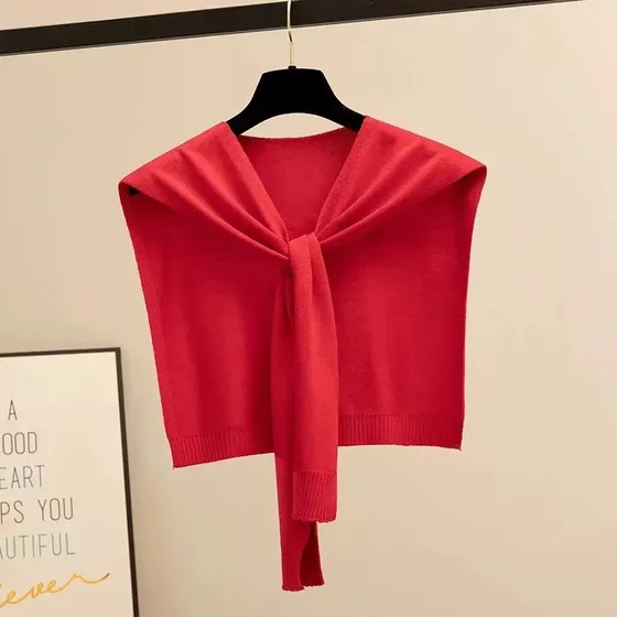 White Striped Knitted Shawl with Knot, Korean Style Versatile Decorative Fake Collar Scarf for Women, Suitable for Spring, Summer, and Autumn