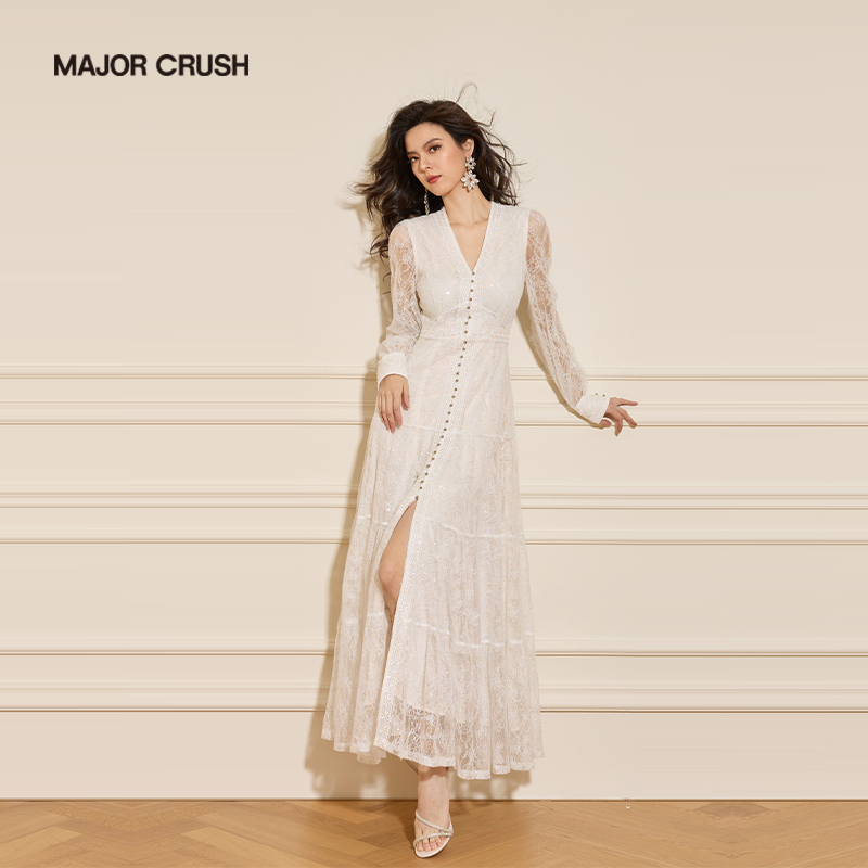 Major Crush French White Moonlight Heavy Lace V-Neck Slit Dress White Women's Elegant Long Dress 6652
