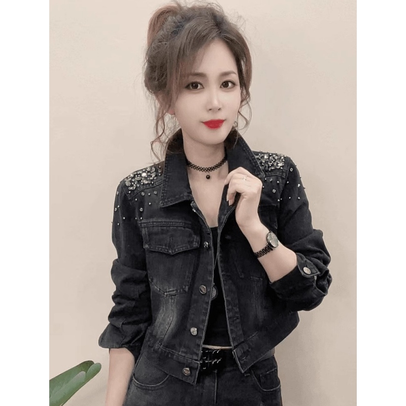 European-Style High-End Black Denim Jacket for Women, Spring and Autumn 2026 New Model, Sequin Embroidery Short Jacket, Loose Fit for Petite Figures