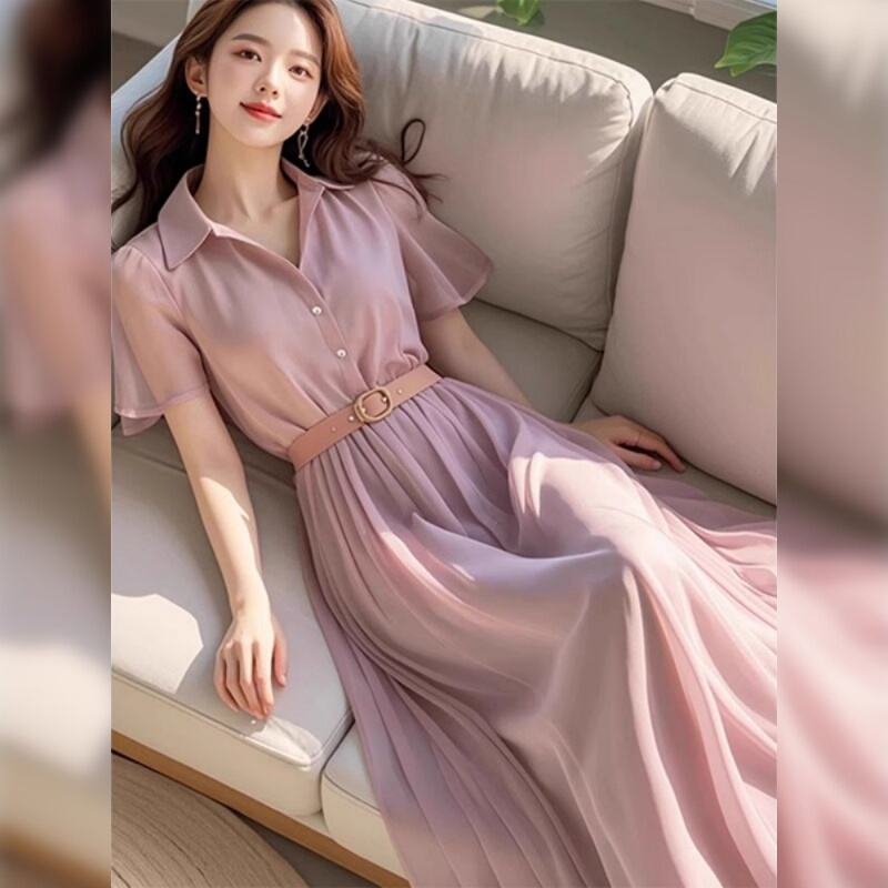 2026 New Summer Style This Year's Popular Simple and Elegant High-End Purple Chiffon Dress Women's Long Dress