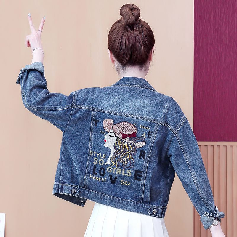 Embroidered Short Denim Jacket for Women, Spring and Autumn 2026 New Style, Embroidered Design, Versatile Long-Sleeve Top, Trendy