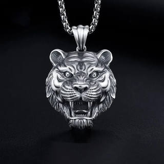 Tiger Head S925 Silver Necklace Men's Pendant Trendy Hip-Hop Cool Personality Simple Versatile Retro Pendant Accessory