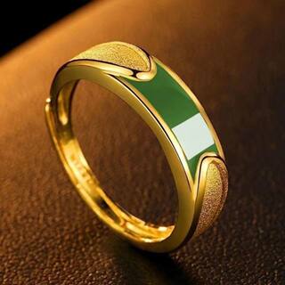 Vietnamese Sand Gold Ring for Men, Bold Imperial Green, Oval-Shaped, Large Green Stone, Adjustable, Long-Lasting Color Retention