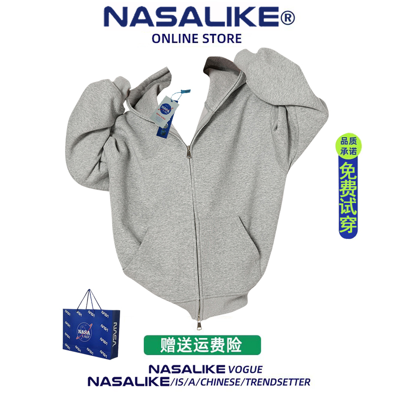 Double Zipper Cardigan Gray Pure Cotton Sweatshirt Men's National Trendy Brand Heavyweight Loose Versatile Casual Sports Hooded Jacket Women's
