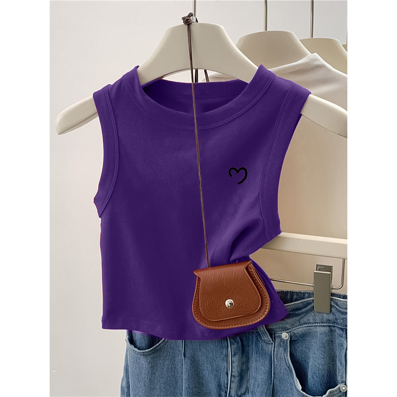 European-Style Sexy Purple Ribbed Tank Top, Pure Cotton, Short Style, Summer Wear for Girls, Tight-Fitting, Anti-Exposure, Wide-Shoulder Base Shirt