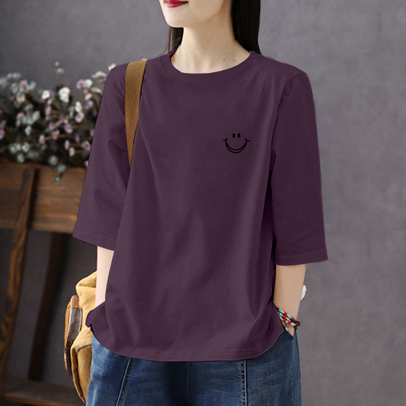Design-Inspired Niche Purple Pure Cotton Loose T-Shirt for Women, Summer Three-Quarter Sleeve Oversized Regular Style Round Neck Top