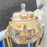 Милая бутылочка для кормления со стаканом, пластиковая портативная вместительная и большая трубочка для школьников, с медвежатами