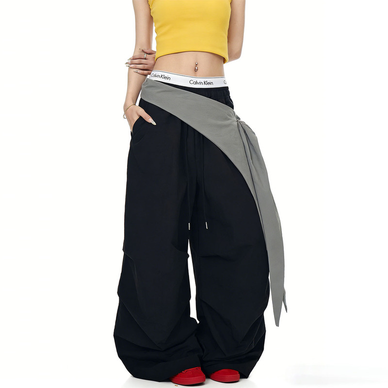 Design-Inspired Detachable Belt Elastic Casual Pants Unisex Trendy Brand Loose Hip-Hop Drawstring Parachute Drapey Long Pants