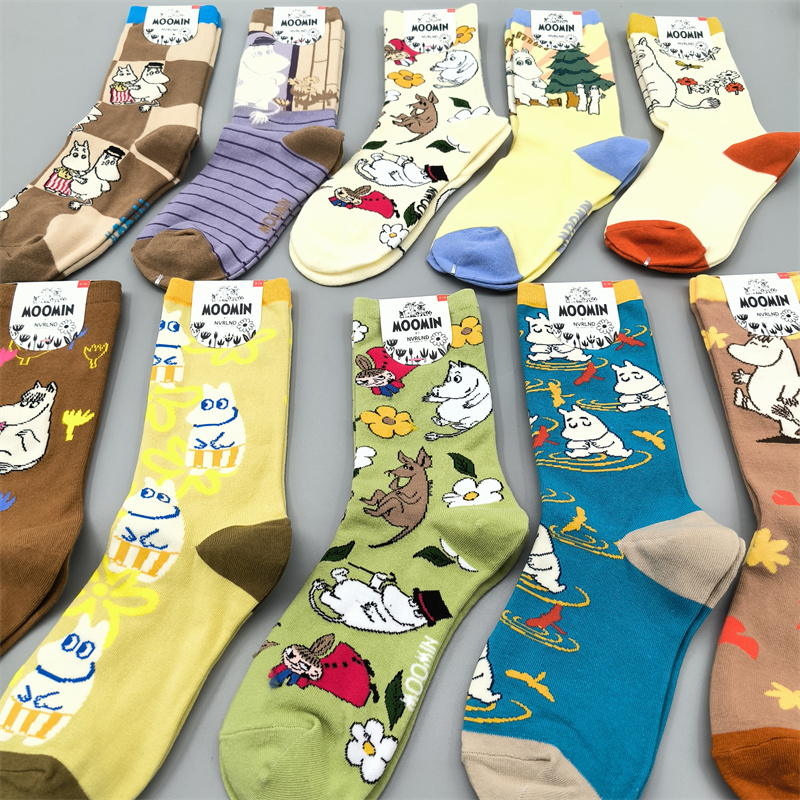 New Nordic Moomin Cartoon Pattern Forest-Style Artistic Women's Cute and Sweet Mid-High Tube Pure Cotton Trendy Socks