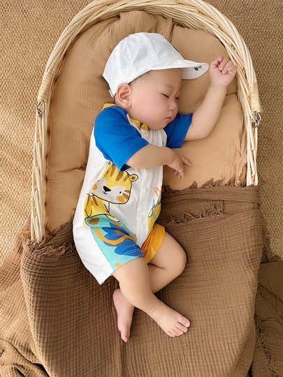 Baby Summer Jumpsuit, Short-Sleeved Romper for Boys, Cartoon Tiger, Super Cute Outing Clothes, Newborn Crawling Clothes, Pure Cotton