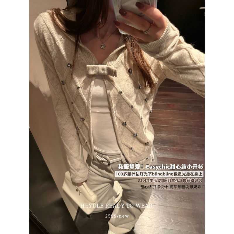 Black Bean Hum Hum Heart of Moonlight* Vintage Diamond Pattern Rhinestone Knitted Cardigan Sweetheart Knot Design Lapel Sweater Jacket