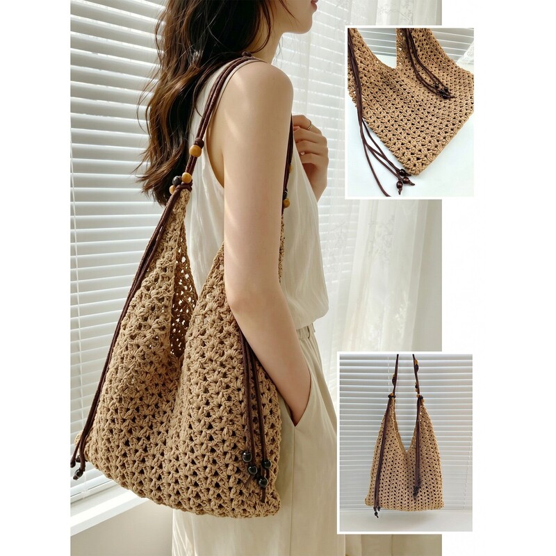 Hand-Woven French-Style Hollow Tote Bag Crochet DIY Material Kit Versatile Yarn Woven Shoulder Bag Gift