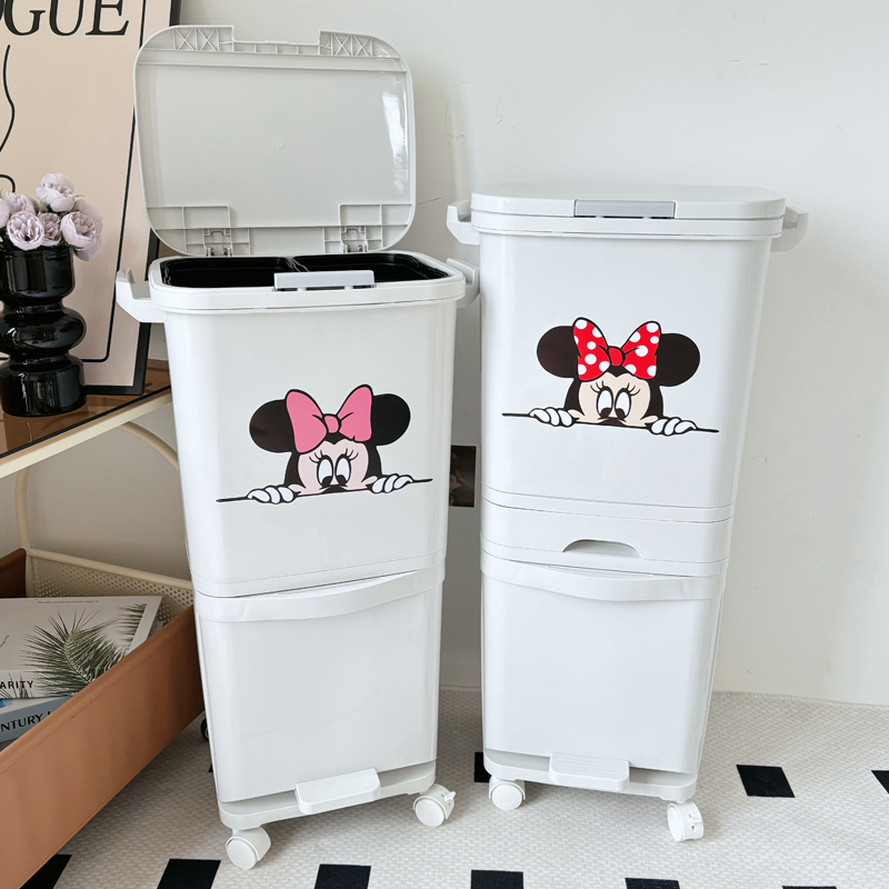 Cute High-Capacity New Model Kitchen Trash Can for Home Use, with Lid and Press-Type Storage Bin for Separating Dry and Wet Waste