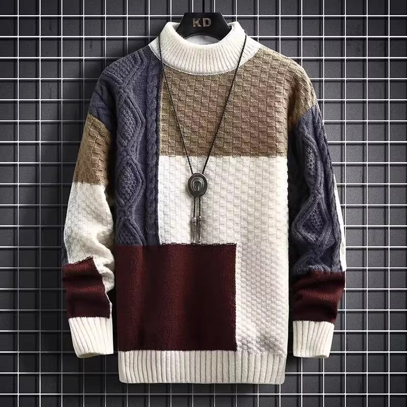 Extra Large Size 150kg Color-Blocked Sweater Men's Trendy Brand Winter Fashion Base Knitwear Warm Casual Top 2