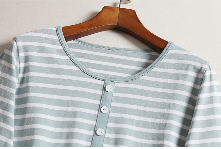 Áo thun nữ mùa thu và cotton sọc dài tay áo thun rộng kích thước đồ ngủ chạm đáy áo nhà mặc bên ngoài mặc áo sơ mi mùa thu - Pyjama do ngu