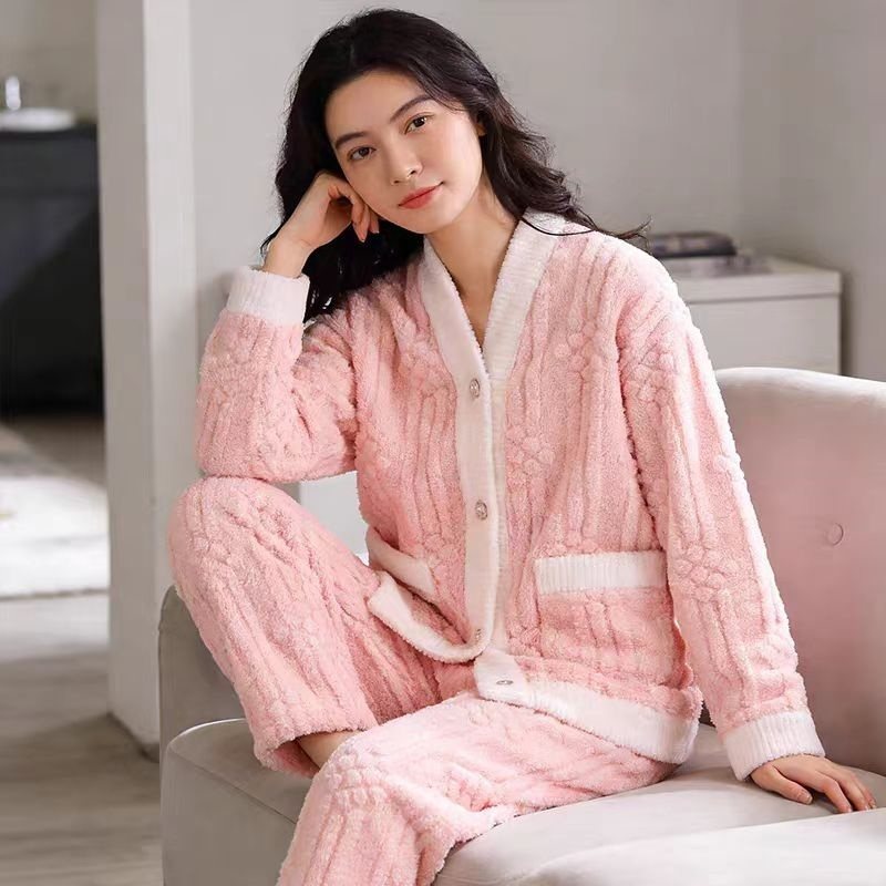 秋冬长袖双面舒棉绒睡衣女士开衫家居服套装休闲大码可外穿新款