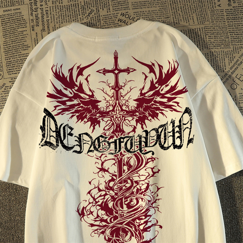 Plus Size 150kg American Retro Hiphop Flame Cross Pure Cotton Short-Sleeved T-Shirt Men's Summer Handsome Trendy Brand Top