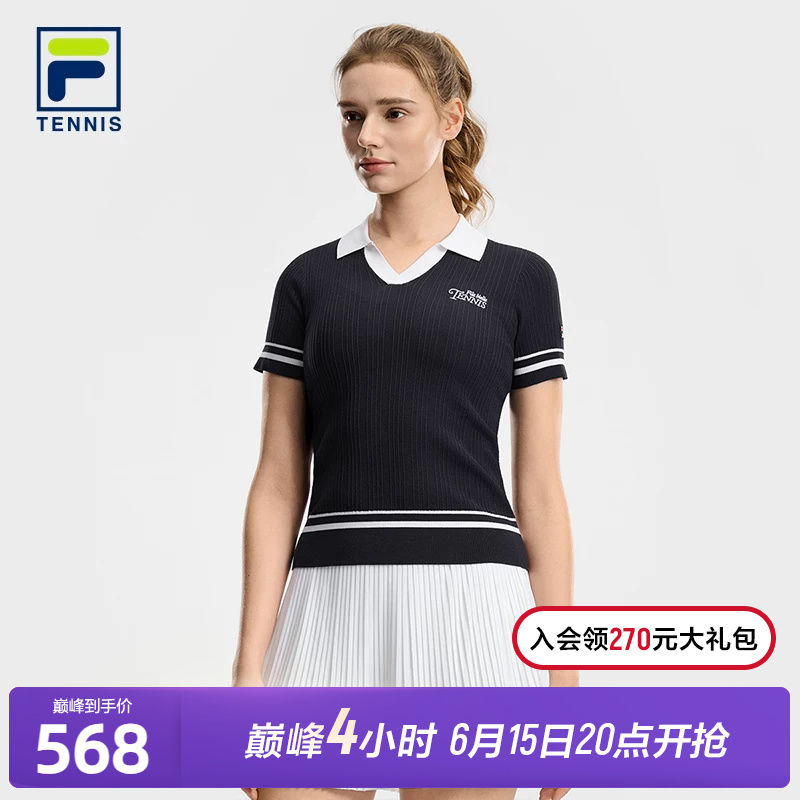 Fila Official Women's Knitted Shirt 2026 Summer New Tennis Sports Simple Slim V-Neck Short Sleeve Top