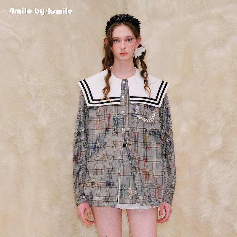 4Mile by Ksmile 26 Autumn New Plaid Fun Graffiti Shirt Beaded Chain Sailor Collar College Top