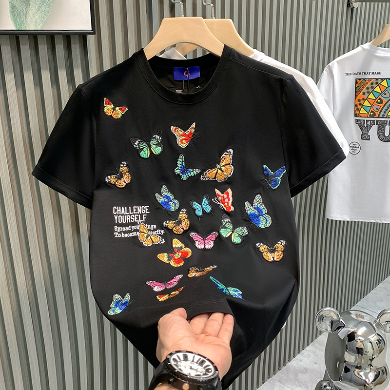 European Trendy Internet Celebrity Hot-Selling Niche Light Luxury Men's T-Shirt Short-Sleeve Butterfly Embroidery Tee Trendy Brand Loose Half-Sleeve European Trendy Internet Celebrity Hot-Selling Niche Light Luxury Men's T-Shirt Short-Sleeve Butterfly Embroidery Tee Trendy Brand Loose Half-Sleeve