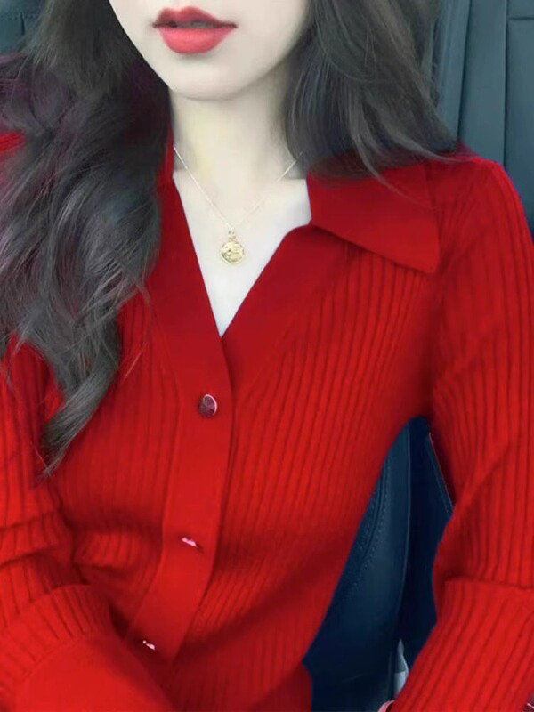 Red Lapel Knit Cardigan for Women, New Autumn Vintage Style, Slim Fit Sweater Jacket Top