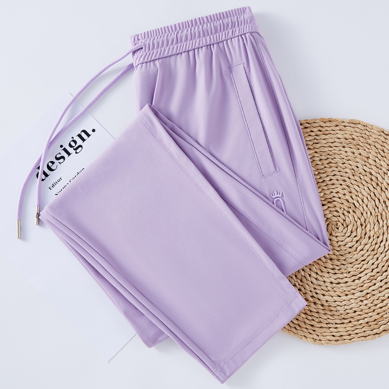 Purple Ice Silk Straight-Leg Pants for Women, Summer Thin Quick-Dry Sports Pants, High-Waisted Drapey Casual Pants, Mosquito-Proof Pants, Plus Size