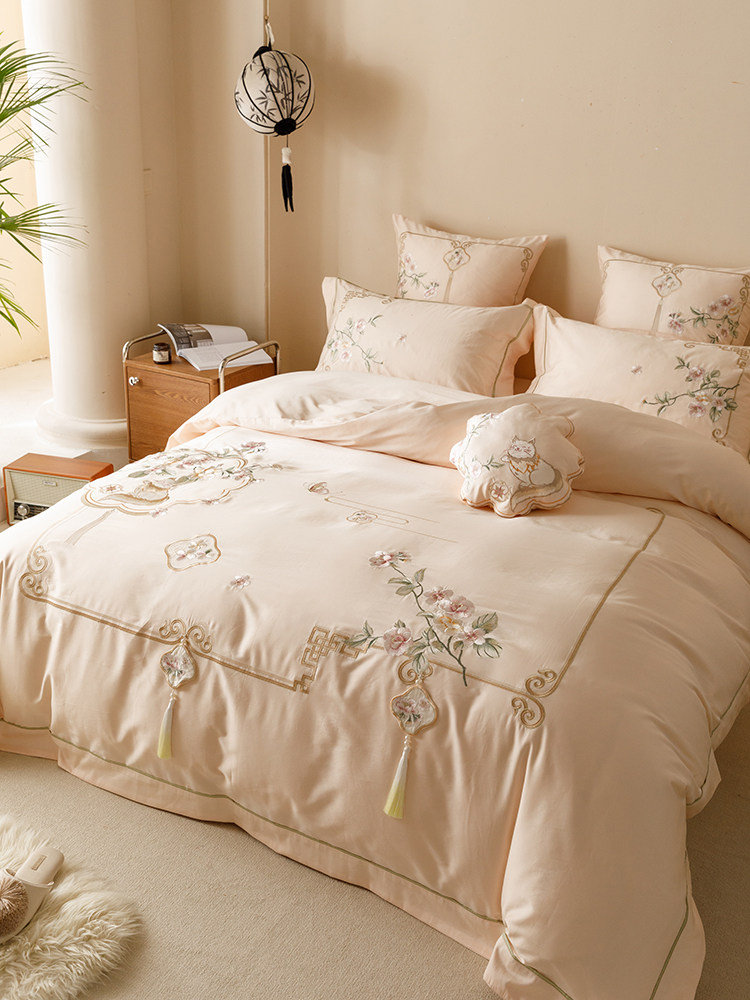 国潮风澳棉长绒棉四件套小清新全棉花卉刺绣床单被套床上用品