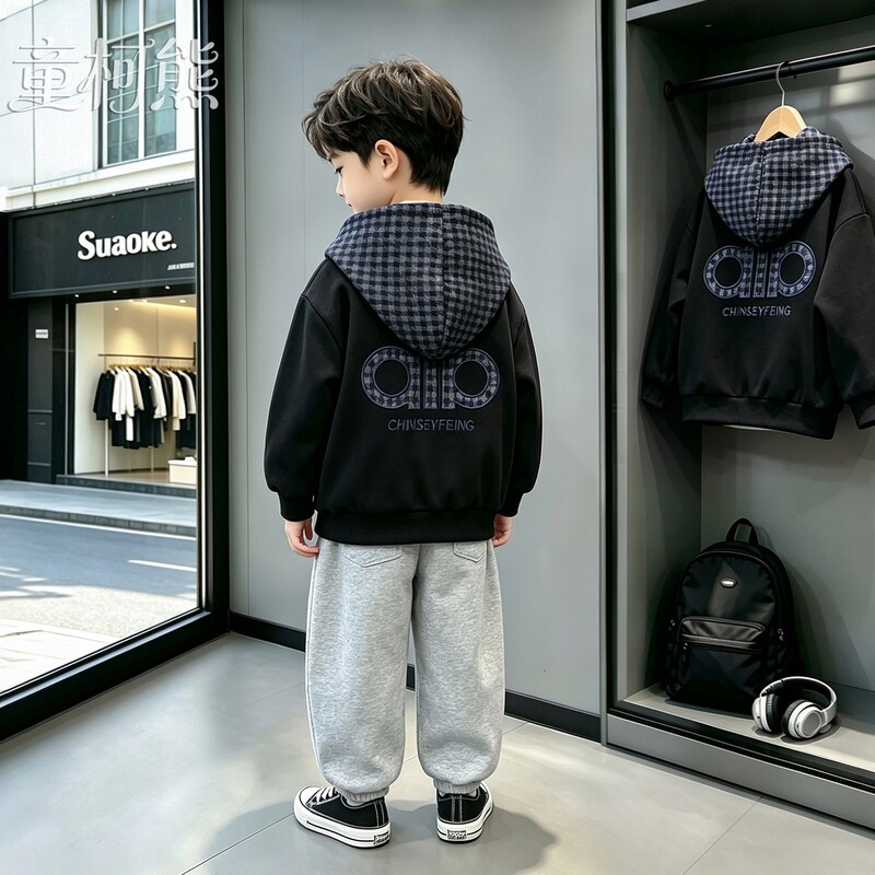 Boys' Spring and Autumn Jacket 2026 New Style Children's Plaid Hooded Cardigan for Older Kids, Fashionable Letter Baseball Jacket Boys' Spring and Autumn Jacket 2026 New Style Children's Plaid Hooded Cardigan for Older Kids, Fashionable Letter Baseball Jacket