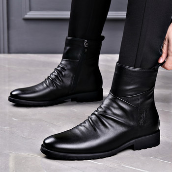 Genuine Leather Boots for Men, Winter Fleece-Lined Chelsea Boots, High-Top Leather Shoes, British Business Boots, Mid-Top Men's Leather Boots