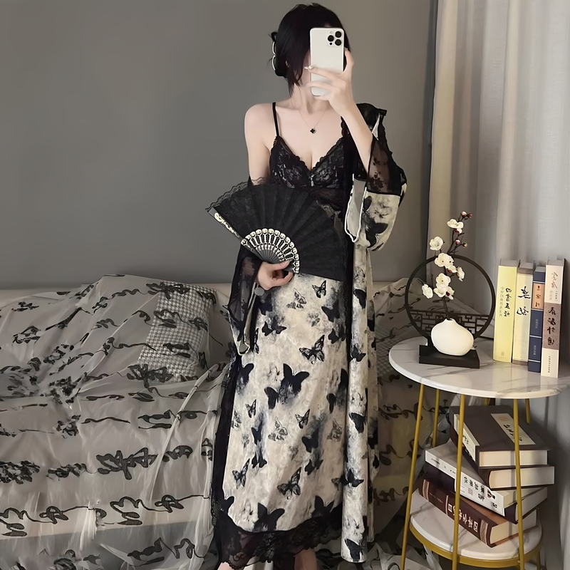 High-End Luxury Sexy Velvet Nightgown for Women, Chinese Style Autumn and Winter Backless Long Nightdress and Robe Set
