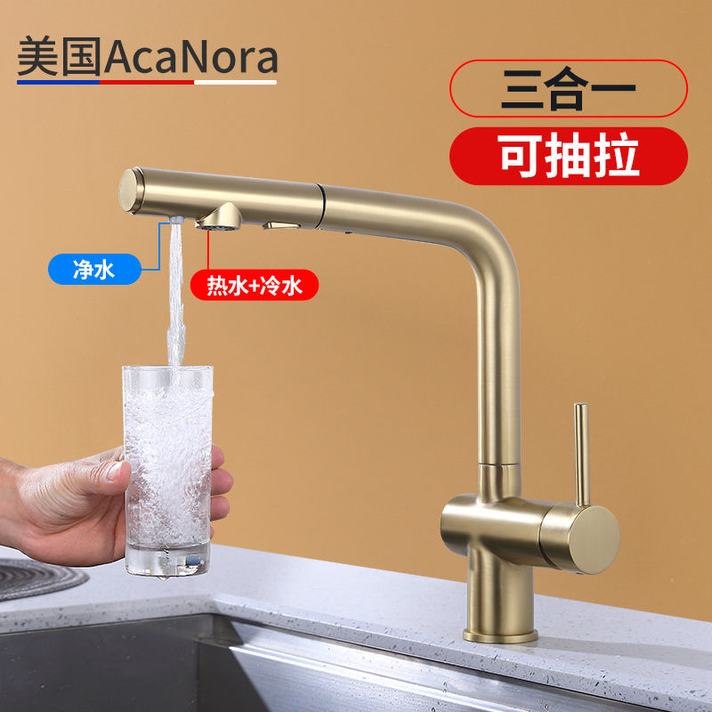 American Acanora All-Copper Body Three-In-One Kitchen Faucet with Water Purification, Hot and Cold Integrated, Pull-Out Faucet, Gold