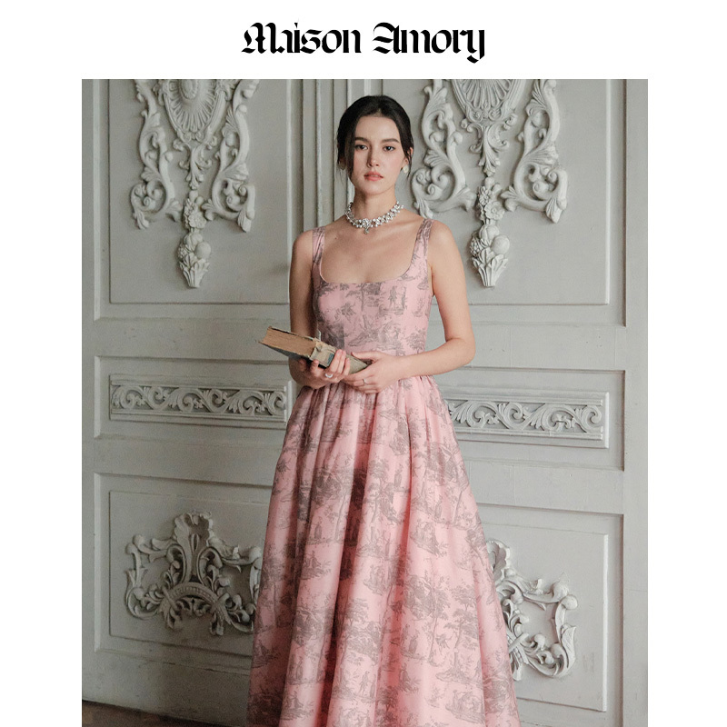 Maisonamory Pink Luxembourg Suspender Dress with Back Tie Long Dress Take Me Out Midi
