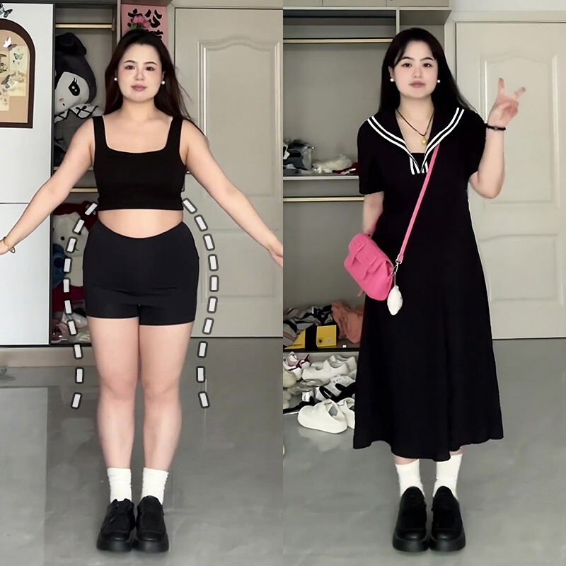 Plus-Size Navy Collar Commuter Dress for Women, Flattering for Pear-Shaped Body, College Style, Summer 2025 Long Dress