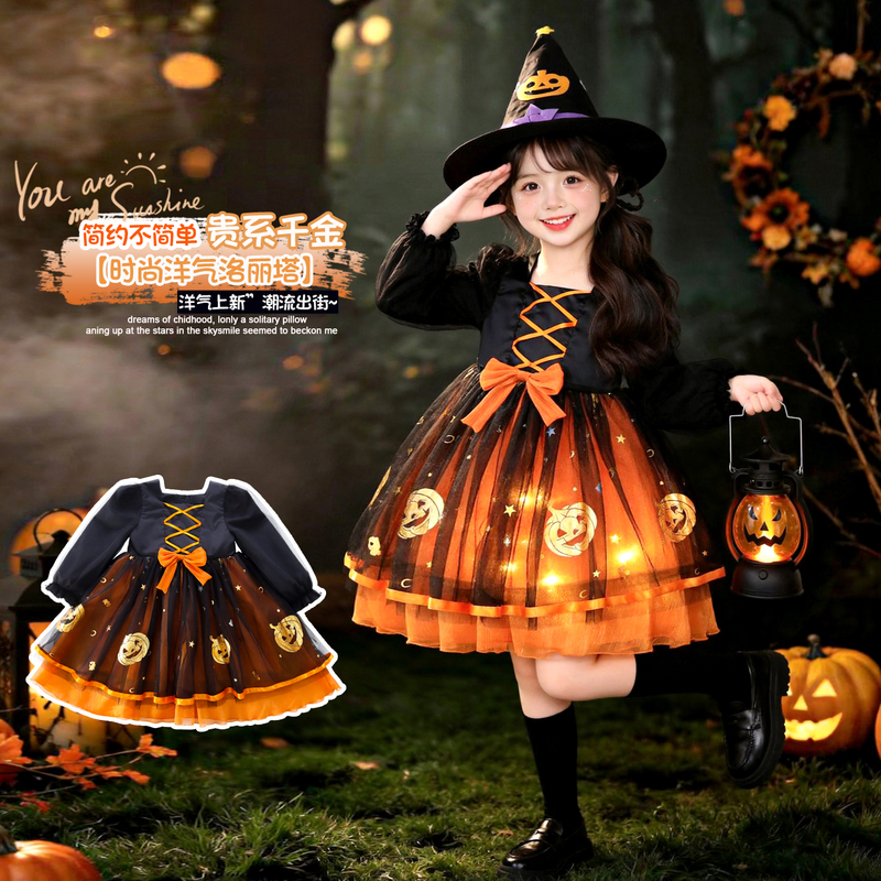 Girls' Halloween Pumpkin Dress Witch Cosplay Dress 2026 New Children's Party Costume with Hat and Long Sleeves