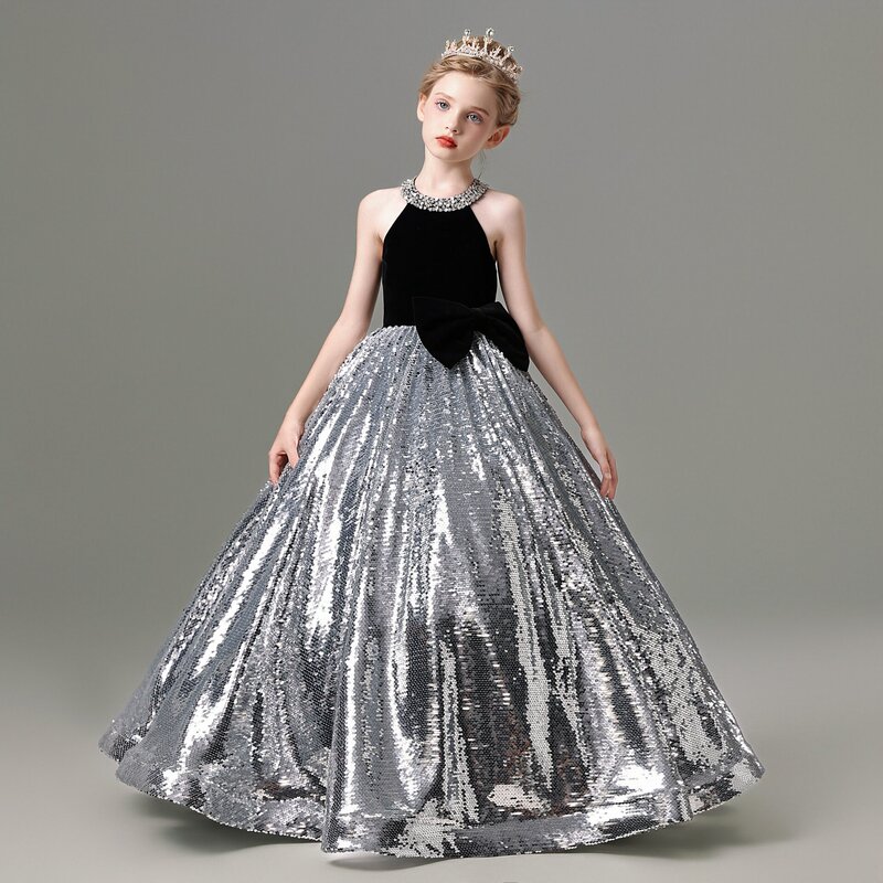Girls' Evening Gown with Heavy Sequin Embellishment, Princess Dress, Children's High-End Luxury Niche Silver Flared Dress, Host Performance Outfit Girls' Evening Gown with Heavy Sequin Embellishment, Princess Dress, Children's High-End Luxury Niche Silver Flared Dress, Host Performance Outfit