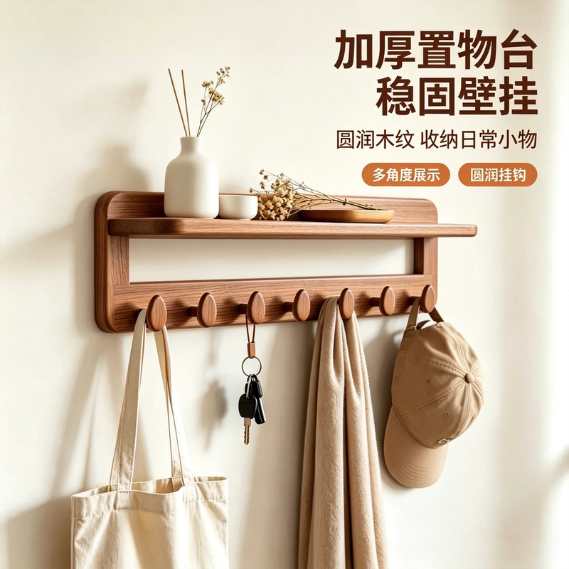 Entryway Storage Rack with Hooks, Simple Solid Wood Wall-Mounted Coat Hook, Key Holder for Entryway Door, No-Drill Bag Rack