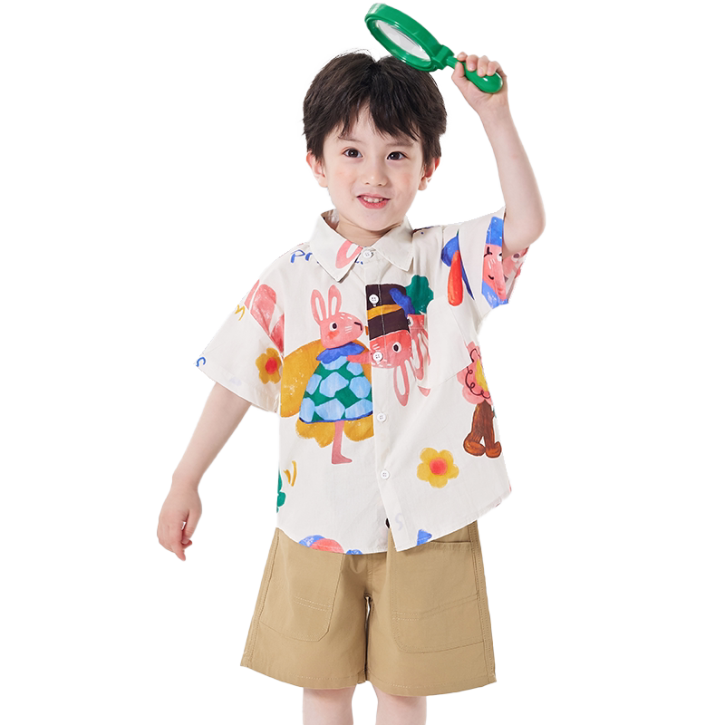 男童夏装套装2026新款中小童卡通兔子衬衫短裤俩件套痞帅可爱童装