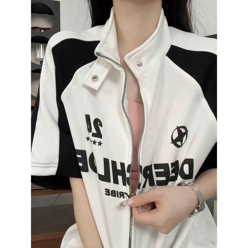 American-Style Patchwork Color-Blocked Zip-Up Cardigan T-Shirt for Men, Summer American-Style Biker Short-Sleeve Stand Collar Couple Half-Sleeve Shirt