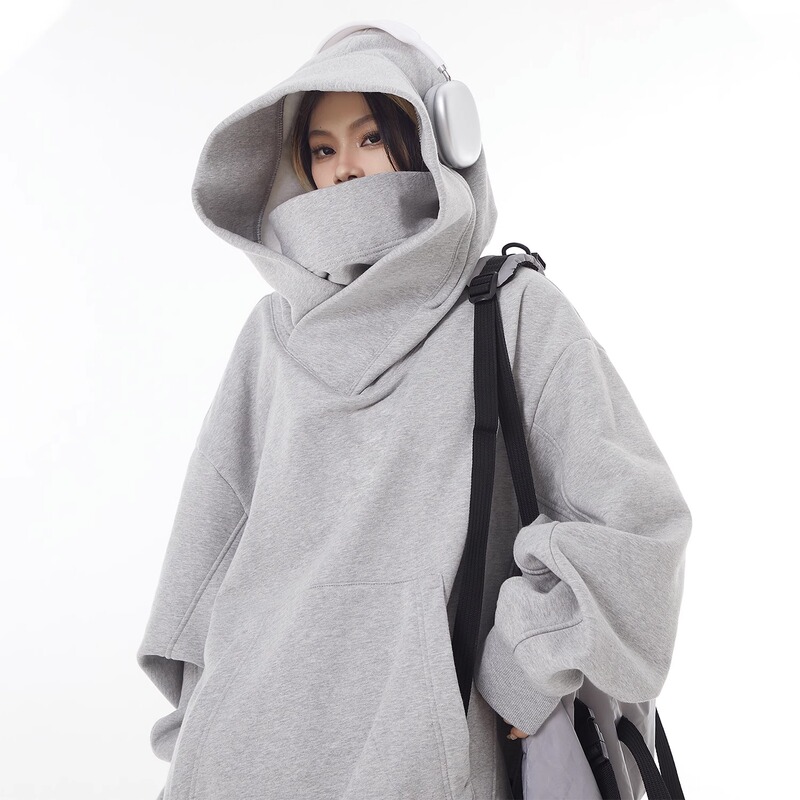 American-Style Heavyweight Face-Covering Functional Hoodie for Social Anxiety Sufferers, High-Neck Hooded Jacket, Men's Trendy High-Street Ninja Clothing