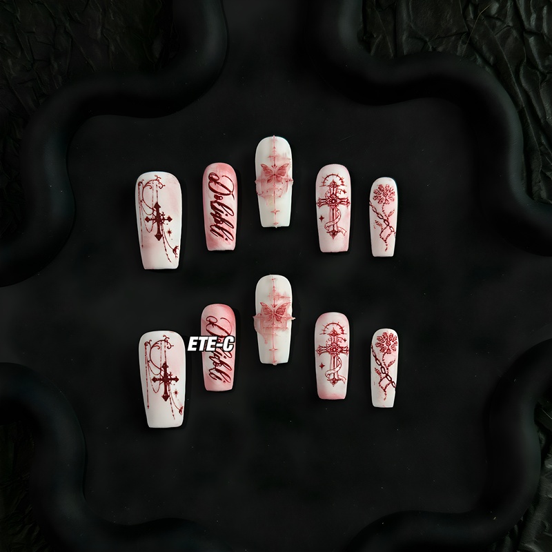 C+ Blood Butterfly Seal Subculture Retro Niche High-End Medium-Length Dark-Toned Cross Nail Art Wearable Nails