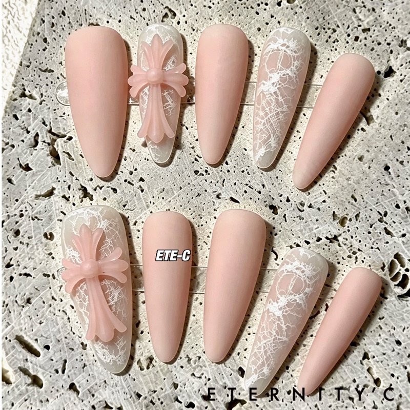 Soft Gauze Cross, New Heavy-Duty Cross Design, Handmade Long Style, Light Luxury, Stunning Lace, Nude Pink Nail Art, Press-On Nails