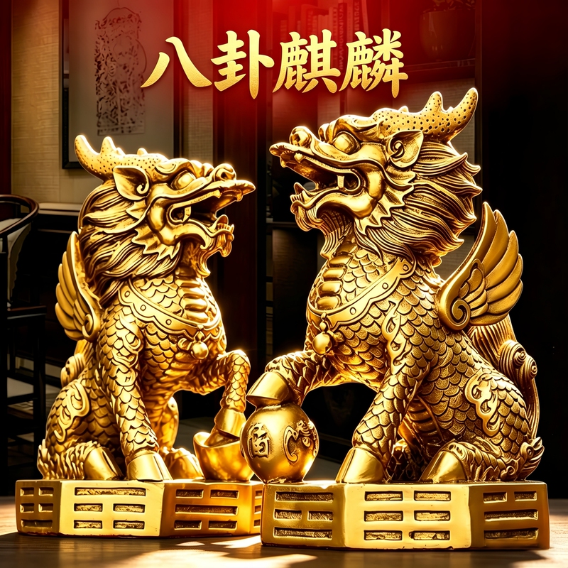 Pure Brass, All-Copper, a Pair of Male and Female Qilin Figurines Stepping on the Bagua, for Entrance, Office, Living Room, Housewarming Decoration Crafts Pure Brass, All-Copper, a Pair of Male and Female Qilin Figurines Stepping on the Bagua, for Entrance, Office, Living Room, Housewarming Decoration Crafts