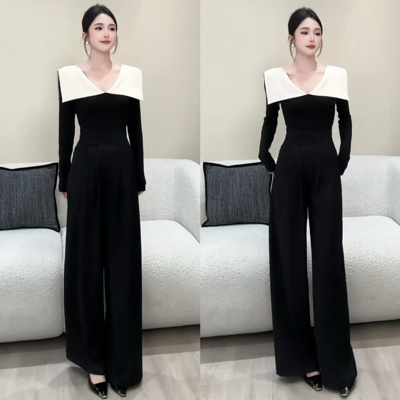 A Complete Outfit for Mature Women in Koushi for the Autumn Season, Featuring a Korean-Style High-End Feel, Contrasting Color Long-Sleeve T-Shirt and Wide-Leg Pants Two-Piece Set A Complete Outfit for Mature Women in Koushi for the Autumn Season, Featuring a Korean-Style High-End Feel, Contrasting Color Long-Sleeve T-Shirt and Wide-Leg Pants Two-Piece Set