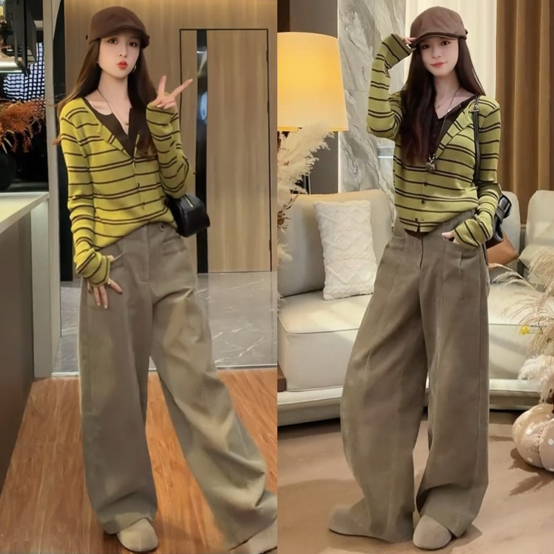 2026 Autumn/Winter Complete Outfit Korean Style High-End Color-Blocking Faux Two-Piece Striped Knit Top and Wide-Leg Pants Two-Piece Set