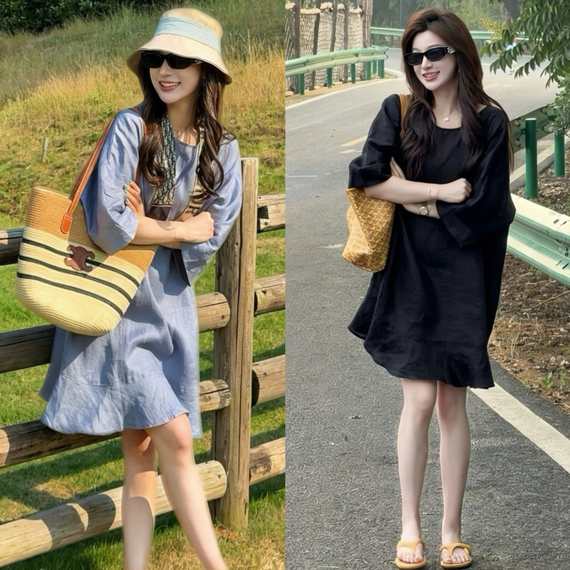 French-Style Lazy Ruffled Cotton and Linen Short-Sleeved Dress for Women, Summer Vacation Style, Relaxed and Loose Casual Short Skirt French-Style Lazy Ruffled Cotton and Linen Short-Sleeved Dress for Women, Summer Vacation Style, Relaxed and Loose Casual Short Skirt